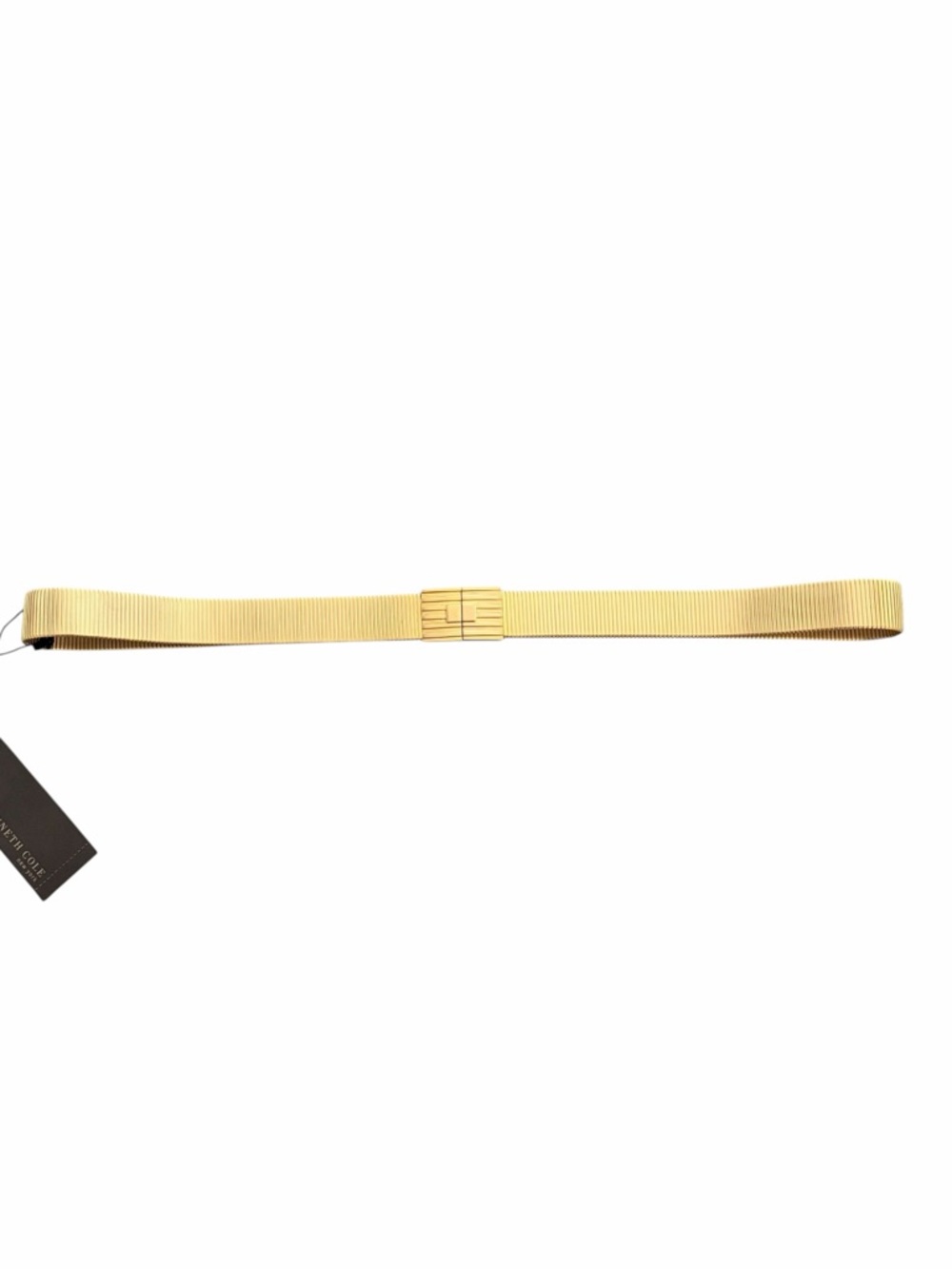 NWT Kenneth Cole Gold Tone Ribbed Elastic Metal Belt with Rectangular Buckle